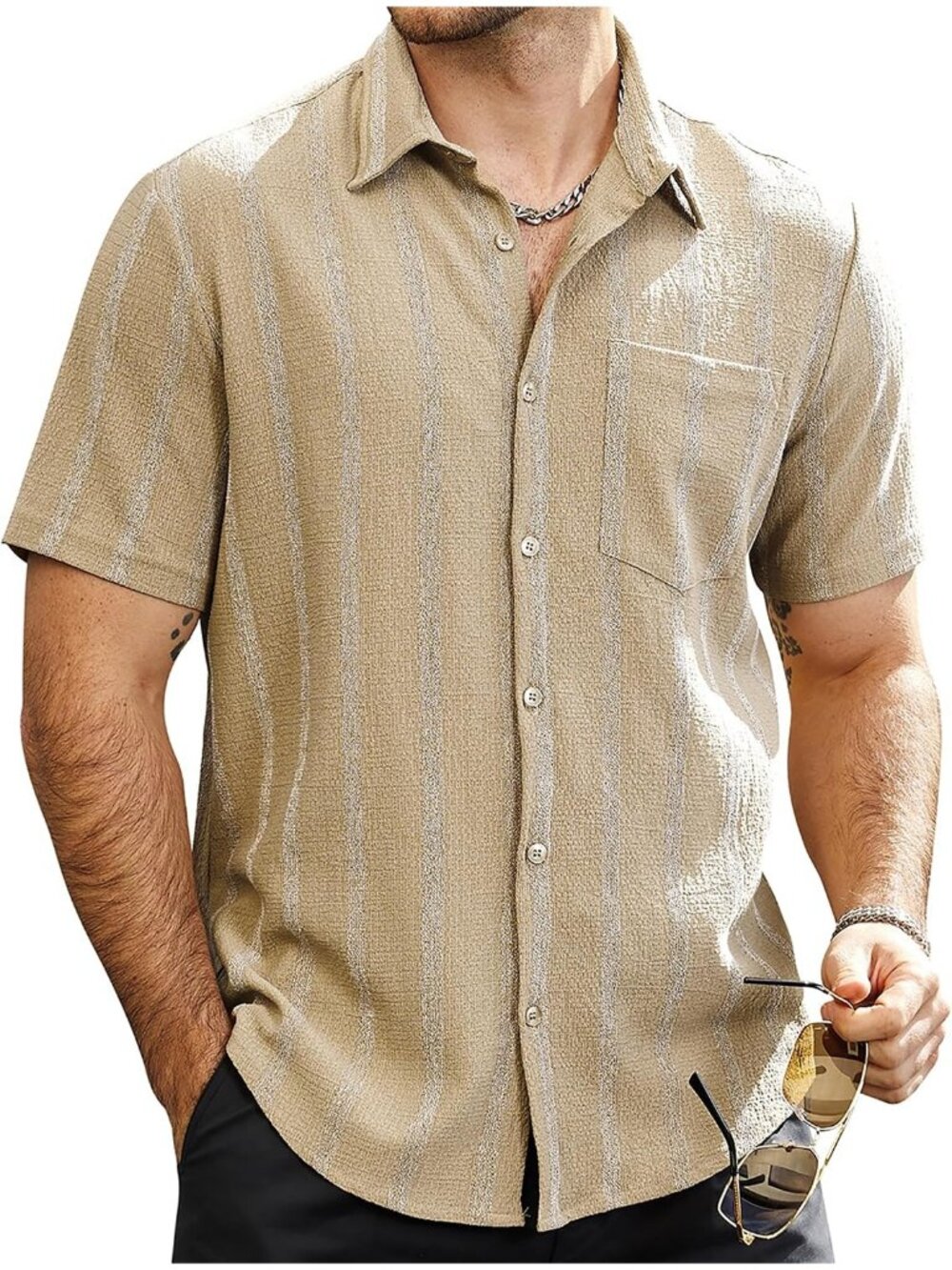 Men's khaki Striped Short Sleeve Collared Button Down Beach Shirt with Pocket
